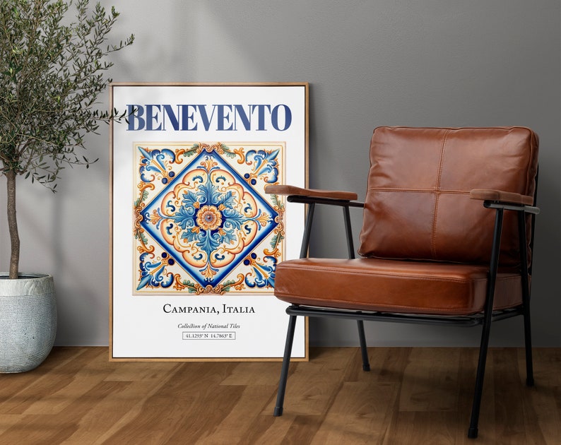 Benevento, Campania, Italy, Aesthetic Folk Traditional Maiolica Tile, Wall Art Décor Print Poster, Living Room Decor image 2