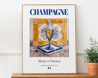Champagne op majolica-tegel, poster met Franse traditionele drank, muurdecoratie keuken en bar