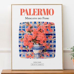 Palermo (Sicilia, Italia) Mercato dei Fiori, ramo de buganvillas en jarrón de mayólica, póster impreso sobre pared
