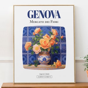 Genova (Liguria, Italia) Mercato dei Fiori, ramo de camelia en jarrón de mayólica, póster impreso sobre pared
