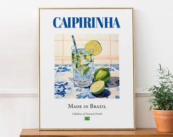 Caipirinha on Maiolica Tile, Traditional Brazilian Beverage (Drink) Print Poster, Kitchen and Bar Wall Art