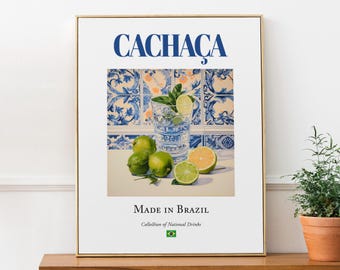 Cachaça on Maiolica Tile, Traditional Brazilian Beverage (Drink) Print Poster, Kitchen and Bar Wall Art