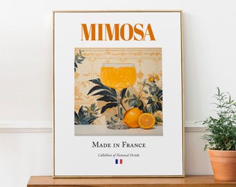 Mimosa-print: Franse drank op majolicategels, muurkunst keukenbar