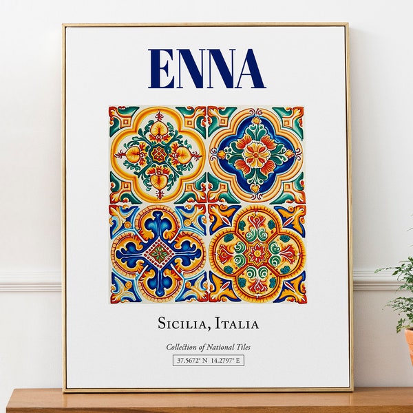 Enna, Sicilia, Italy, Aesthetic Folk Traditional Maiolica Tile, Wall Art Décor Print Poster, Bathroom Wall Art