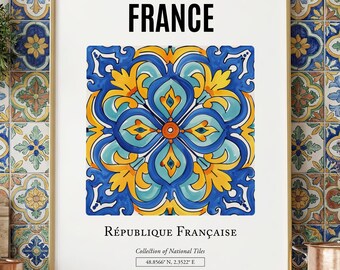French Tile Pattern Print, Folk Art Wall Decor