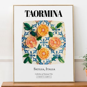 Póster decorativo de pared con estampado de mosaicos de naranjas de colores, estilo estético, de Taormina, Sicilia, Italia