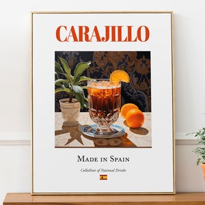 Carajillo su piastrelle di maiolica, bevanda tradizionale spagnola (bevanda) Poster di stampa, cucina e arte murale del bar