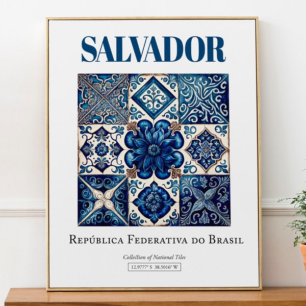Salvador, Brésil, carrelage azulejo traditionnel minimaliste esthétique, affiche imprimée d'art mural, art mural de salle de bain