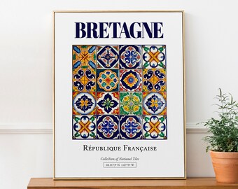 Bretagne, France, carrelage traditionnel folklorique esthétique, affiche imprimée d'art mural, art mural de chambre à coucher