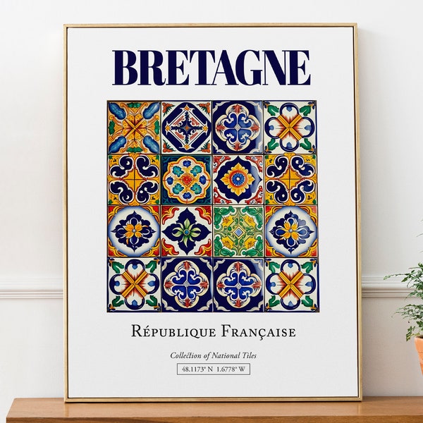 Bretagne, France, Aesthetic Folk Traditional Tile, Wall Art Print Poster, Bedroom Wall Art