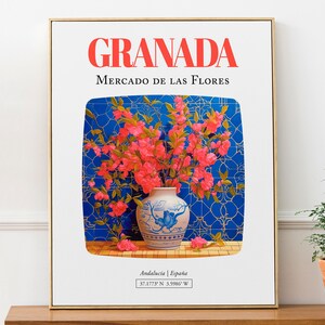Granada (Andalucía, España) Mercado de las Flores, Bougainvillea Bouquet en Maiolica Vase Wall Art Print Poster