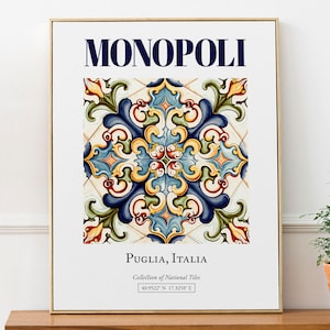Monopoli, Puglia, Italy, Aesthetic Folk Traditional Maiolica Tile, Wall Art Décor Print Poster, Bathroom Wall Art