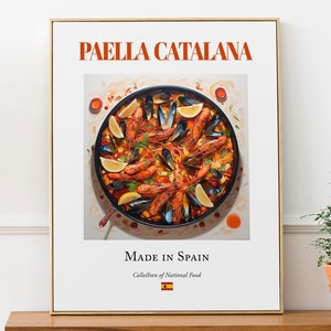 Paella Catalana op Maiolica-tegelplaat, traditioneel Spaans eten Wall Art Print poster, keuken- en cafédecor, foodiecadeau