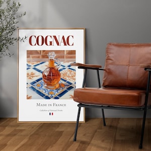 Coñac sobre baldosas de mayólica, póster con impresión de bebida tradicional francesa, arte mural para cocina y bar