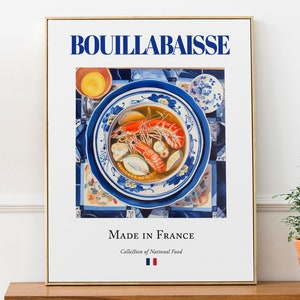 Bouillabaisse su piatto di maiolica, tradizionale cibo francese, stampa artistica da parete, poster, regalo per buongustai, cucina, bar/ristorante, arte murale