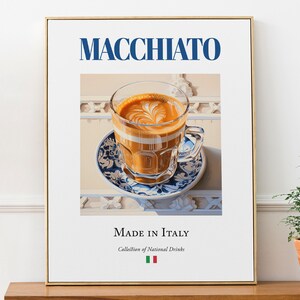 Macchiato em azulejo de Maiolica, pôster com impressão de bebida tradicional italiana (bebida), arte de parede para cozinha e bar