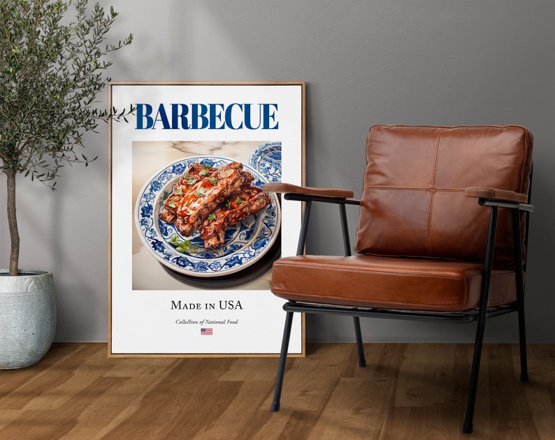 Barbecue on Maiolica tile plate, Traditional American Food Wall Art Print Poster, Kitchen and Café Decor, Food Lover Gift image 2