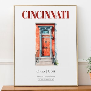 Cincinnati, Ohio, USA, Aesthetic Minimalistic Watercolor Traditional Door, Wall Art Print Poster, Living Room Art