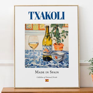 Txakoli on Maiolica Tile, Traditional Basque country Beverage (Drink) Print Poster, Kitchen and Bar Wall Art