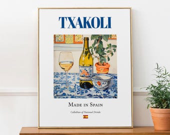 Txakoli on Maiolica Tile, Traditional Basque country Beverage (Drink) Print Poster, Kitchen and Bar Wall Art