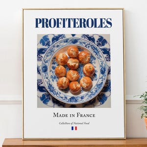 Pôster de profiteroles, comida francesa, decoração para cozinha e café.