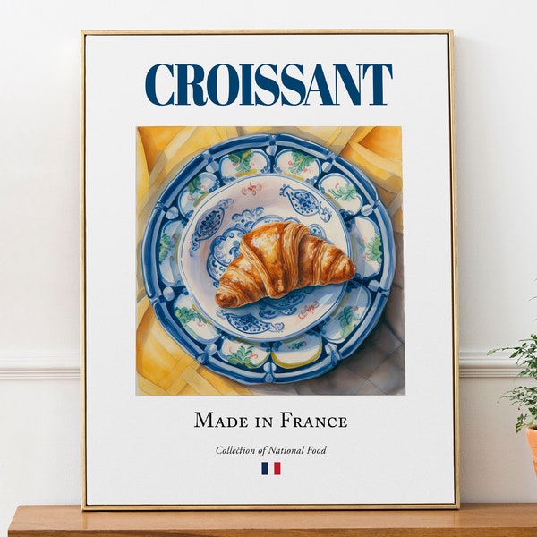 Croissant auf Maiolica-Fliesenplatte, traditionelles französisches Essen-Wand-Dekor-Druck-Plakat Feinschmecker-Geschenk-Küchen-Wand-Kunst