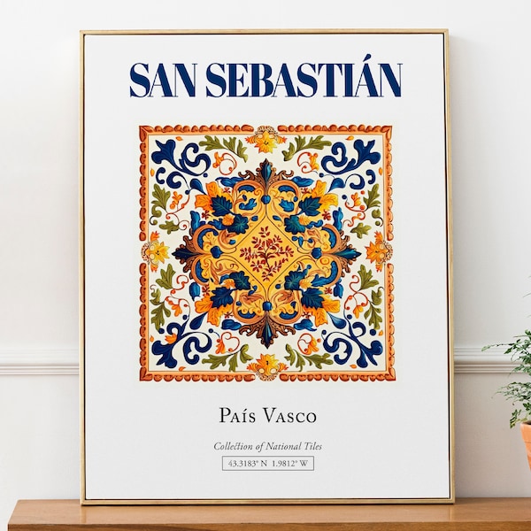 San Sebastián, País Vasco, Spain, Aesthetic Folk Traditional Tile, Wall Art Print Poster, Living Room Poster