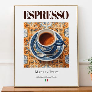 Espresso on Maiolica tile, Italian Traditional Beverage Print Poster, Kitchen and Bar Wall Art
