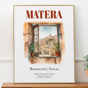 Matera (Basilicata, Italia) Reisedruck Poster, traditionelle Fenster Aquarell Illustration Wanddekoration, Italien Liebhaber Geschenk