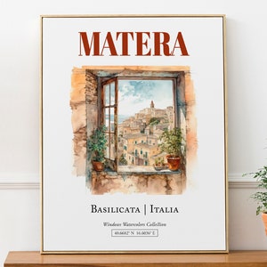 Matera (Basilicata, Italia) Travel Print Poster, Traditional Window Watercolor Illustration Wall Décor, Italy Lover Gift