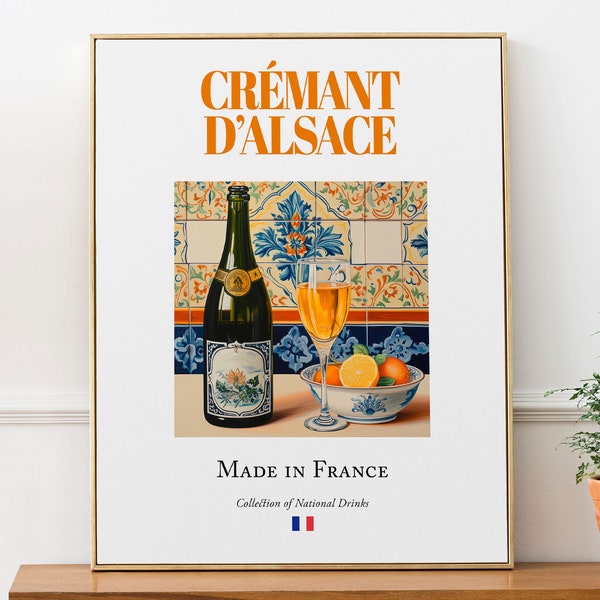 Crémant d'Alsace auf Maiolica Tile, Traditionelles Französisches Getränk (Getränk) Druck Poster, Küche und Bar Wandkunst