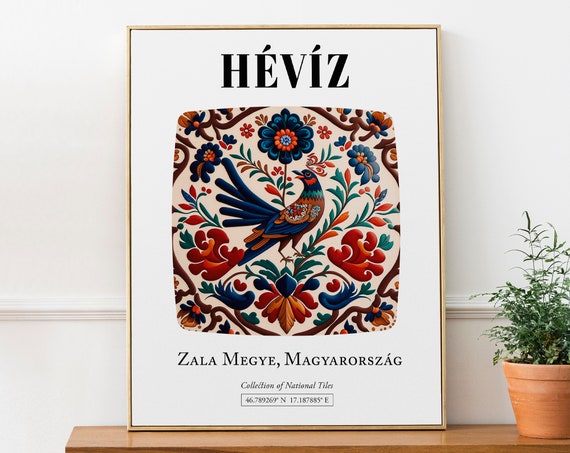 Hévíz, Ungarn, Folklore Vogel und Blumen Kachelmuster Aesthetic Wall Art  Decor Print Poster