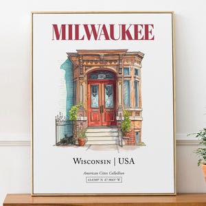 Milwaukee, Wisconsin, USA, Aesthetic Minimalistic Watercolor Door, Wall Art Print Poster, Dorm Wall Decor