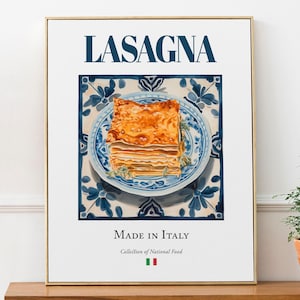 Lasagna on Maiolica tile plate, Traditional Italian Food Wall Art Print Poster Foodie Gift Restaurant Wall Art