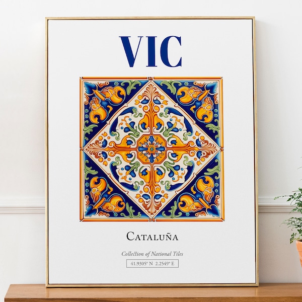 Vic, Cataluña, Spanje, esthetische folk traditionele tegel, muurkunst decor print poster, woonkamer kunst