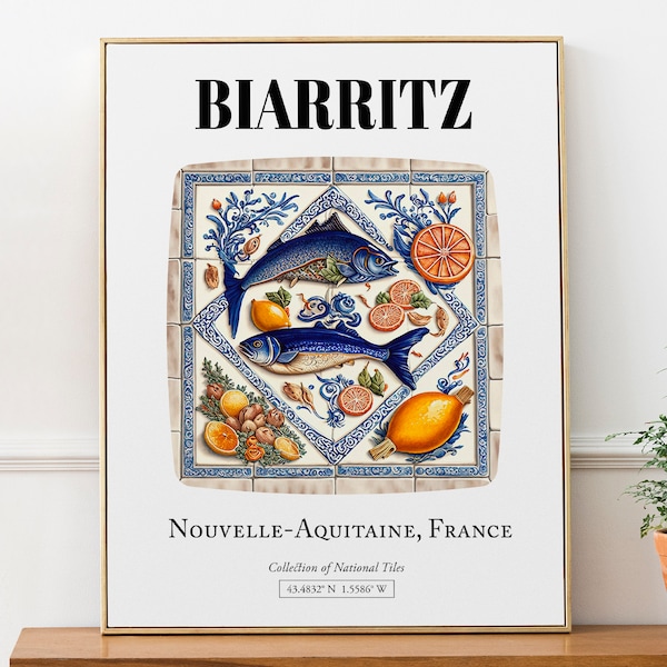 Biarritz, Nouvelle-Aquitaine, France, motif de carrelage avec fruits de mer, décoration murale esthétique, affiche imprimée