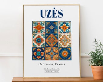 Uzès, Occitania, Francia, Azulejo tradicional estético, Póster con impresión decorativa para pared, Arte de pared para dormitorio