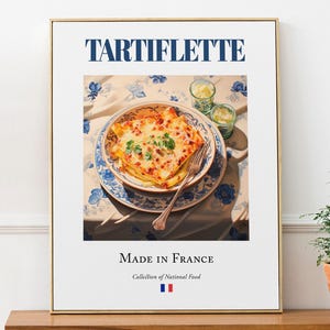 Tartiflette on Maiolica tile plate, Traditional French Food Wall Art Print Poster, Kitchen and Café Decor, Foodie Gift