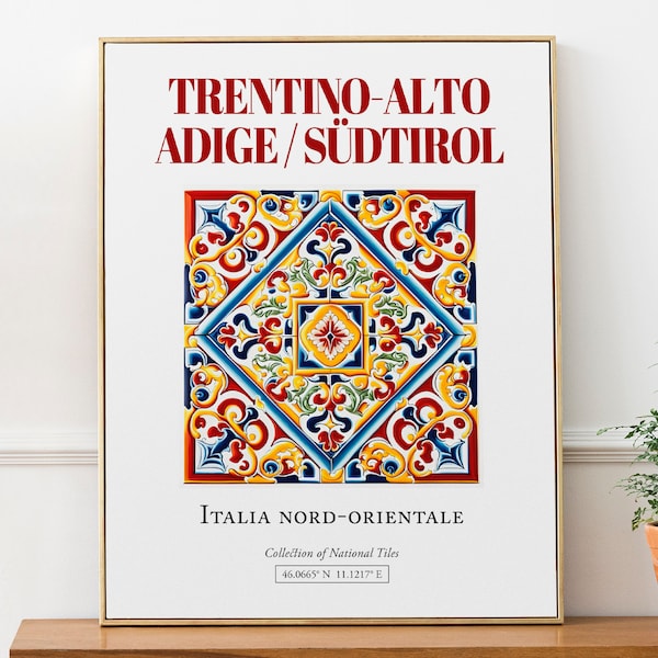 Trentino-Alto Adige/Südtirol, Italy, Aesthetic Folk Traditional Maiolica Tile, Wall Art Décor Print Poster, Living Room Decor