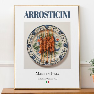 Arrosticini su piatto di maiolica, poster da parete con stampa artistica di cibo tradizionale italiano, decorazione per cucina e bar, regalo per buongustai