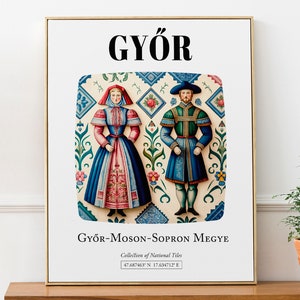Póster con impresión de arte de pared estético con azulejos y trajes tradicionales de Győr, Hungría