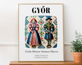 Győr, Hungary, Traditional Costumes Tile Aesthetic Wall Art Decor Print Poster