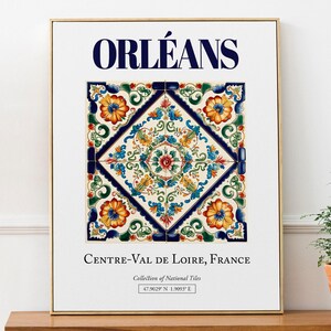 Orléans, Centre-Val de Loire, France, Aesthetic Folk Traditional Tile, Wall Art Print Poster, Bedroom Wall Art