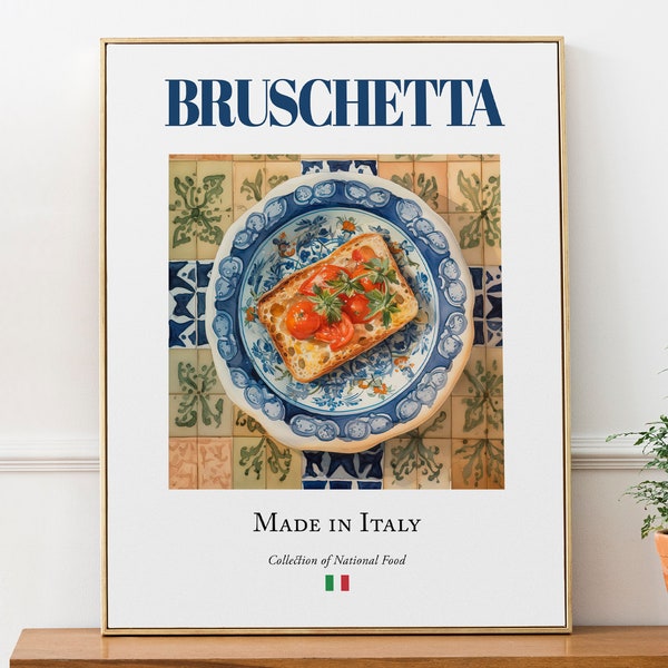 Bruschetta op Maiolica tegelplaat, traditioneel Italiaans eten Wall Decor Print Poster Foodie Gift Kitchen Wall Art