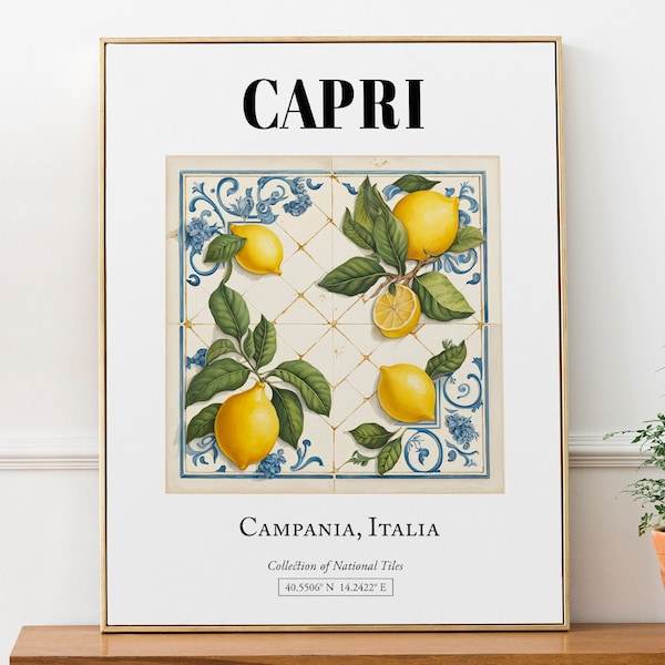 Capri, Campanie, Italie, motif de carreaux traditionnels avec des citrons, affiche d'impression d'art déco murale esthétique