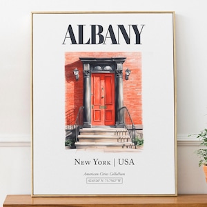 Albany, New York, USA, Aesthetic Minimalistic Watercolor Entrance Door, Wall Décor Print Poster, Kitchen Wall Art