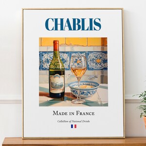 Chablis Wein auf Maiolica-Kachel, traditionelles Yonne-Getränk (Getränk) Druckplakat, Küchen- und Barwandkunst