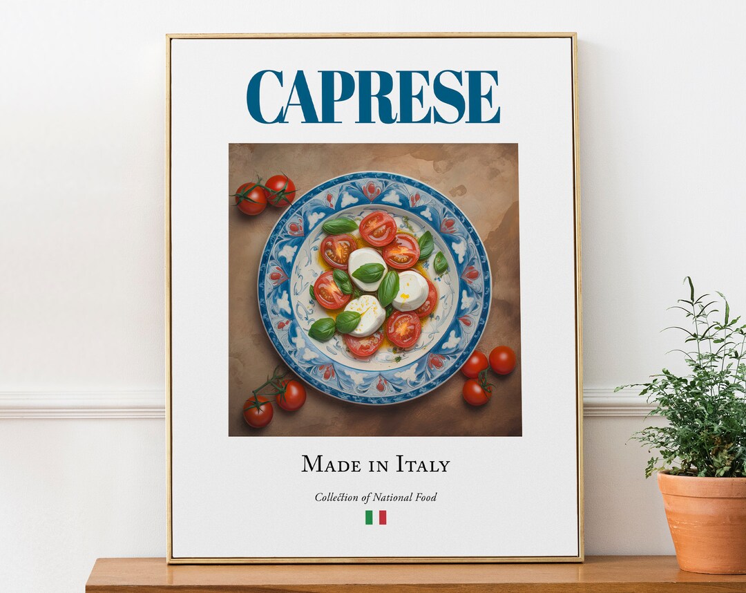 Caprese Salad on Maiolica Tile Plate, Traditional Italian Food Wall Art