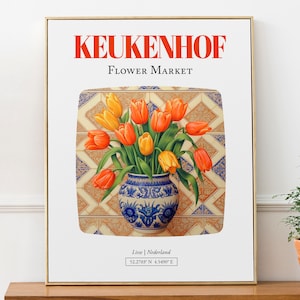 Póster de arte mural con ramo de tulipanes en jarrón de mayólica, mercado de flores de Keukenhof (Lisse, Países Bajos)