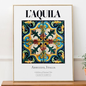 L&#39;Aquila, Abruzzo, Italy, Aesthetic Minimalistic Traditional Maiolica Tile, Wall Art Print Poster, Kitchen Wall Art